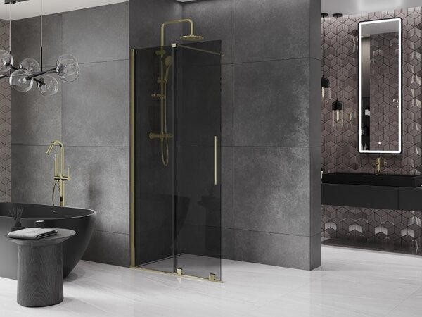Mexen Velar, sprchová zástena s posuvnými dverami Walk-in 100 x 200 cm, 8mm šedé sklo, zlatá lesklá, 871-100-000-43-50