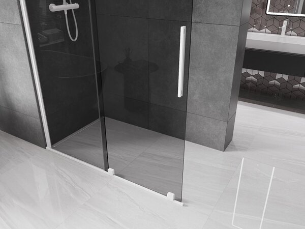 Mexen Velar, sprchová zástena s posuvnými dverami Walk-in 130 x 200 cm, 8mm šedé sklo, biela matná, 871-130-000-43-20