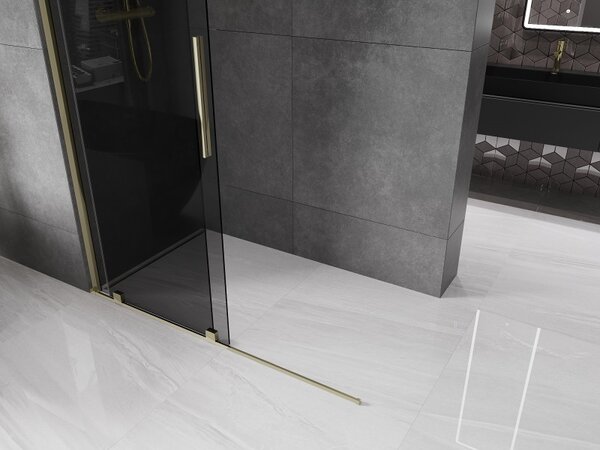 Mexen Velar, sprchová zástena s posuvnými dverami Walk-in 140 x 200 cm, 8mm šedé sklo, zlatá lesklá, 871-140-000-43-50