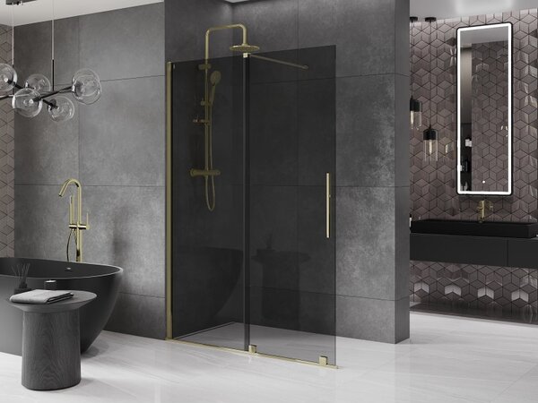 Mexen Velar, sprchová zástena s posuvnými dverami Walk-in 140 x 200 cm, 8mm šedé sklo, zlatá lesklá, 871-140-000-43-50