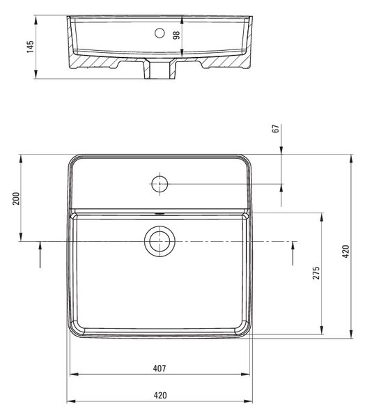 Deante Square, umývadlo na dosku s otvorom na batériu 420x420x120mm, biela lesklá, DEA-CGS_6U4B