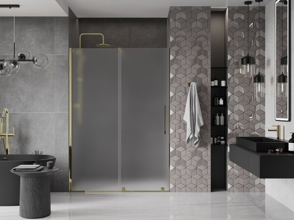 Mexen Velar, posuvné sprchové dvere do otvoru 130 cm, 8mm sklo námraza, zlatá lesklá, 871-130-000-31-50