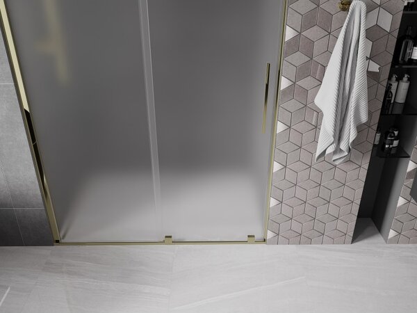 Mexen Velar, posuvné sprchové dvere do otvoru 130 cm, 8mm sklo námraza, zlatá lesklá, 871-130-000-31-50