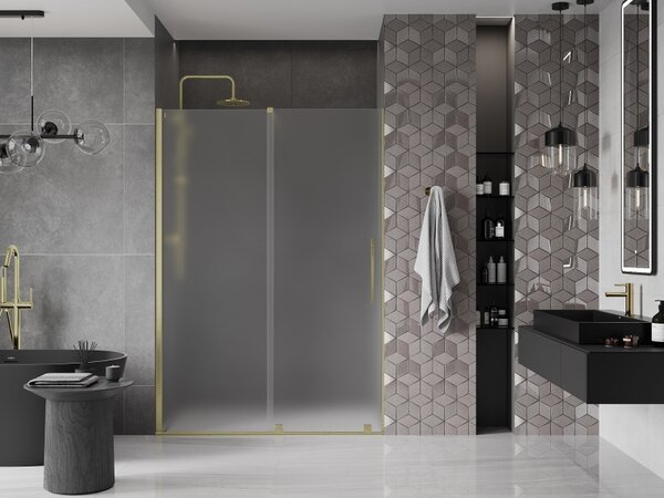 Mexen Velar, posuvné sprchové dvere do otvoru 130 cm, 8mm sklo námraza, zlatá matná, 871-130-000-31-55