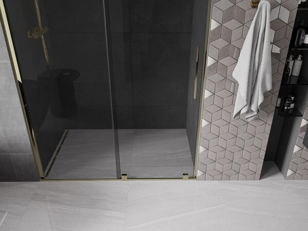 Mexen Velar, posuvné sprchové dvere do otvoru 140 cm, 8mm šedé sklo, zlatá lesklá, 871-140-000-41-50