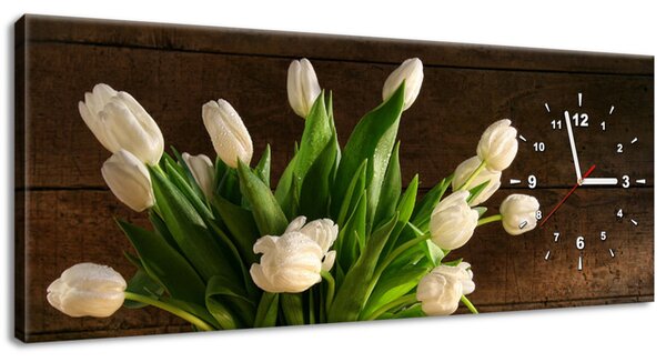 Obraz s hodinami Očarujúce biele tulipány Rozmery: 100 x 40 cm