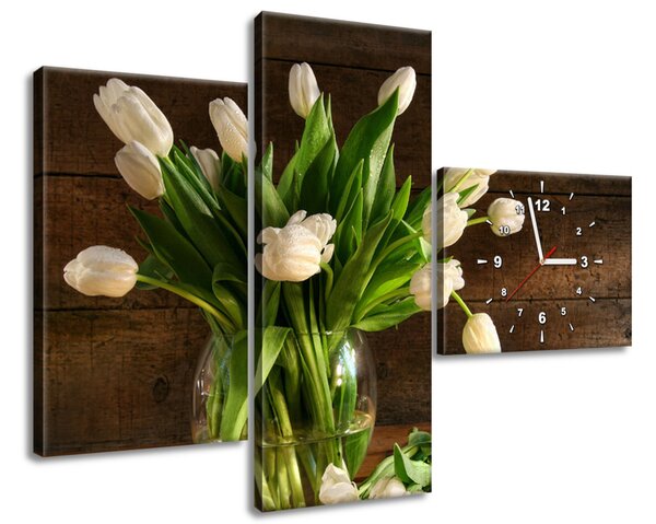 Obraz s hodinami Očarujúce biele tulipány - 3 dielny Rozmery: 100 x 70 cm