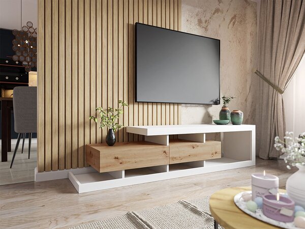 Moderný TV stolík/skrinka Sylvaro (biela/wotan). Vlastná spoľahlivá doprava až k Vám domov. 1053725