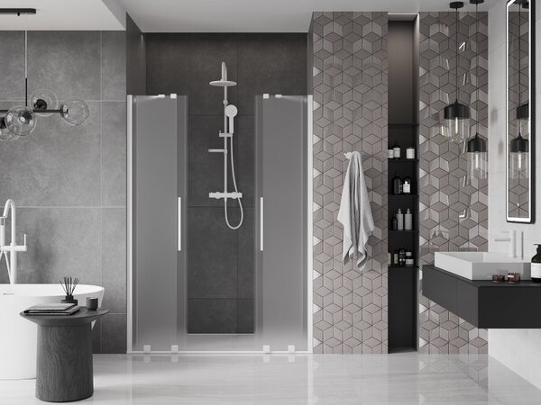 Mexen Velar Duo, posuvné sprchové dvere do otvoru 140 cm, 8mm sklo námraza, biela matná, 871-140-000-32-20