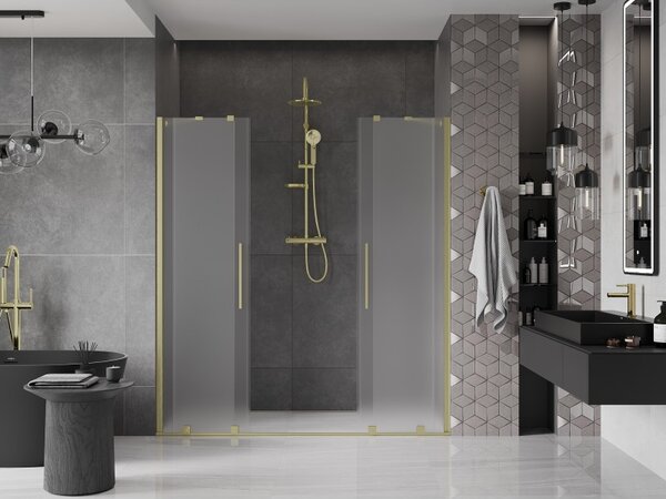 Mexen Velar Duo, posuvné sprchové dvere do otvoru 200 cm, 8mm sklo námraza, zlatá matná, 871-200-000-32-55