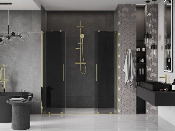 Mexen Velar Duo, posuvné sprchové dvere do otvoru 200 cm, 8mm šedé sklo, zlatá lesklá, 871-200-000-42-50