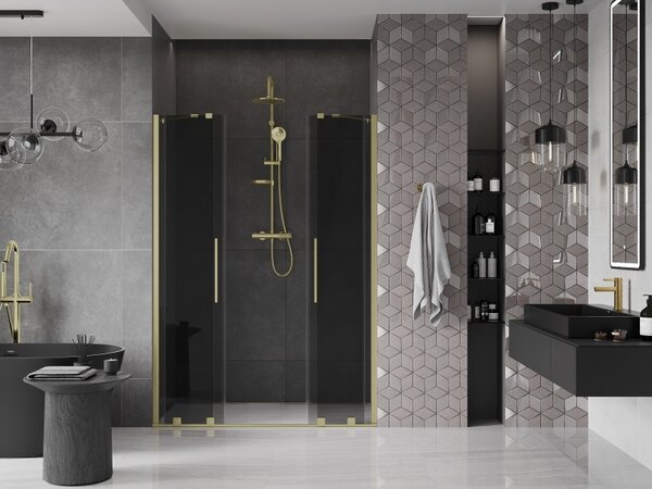 Mexen Velar Duo, posuvné sprchové dvere do otvoru 140 cm, 8mm šedé sklo, zlatá matná, 871-140-000-42-55
