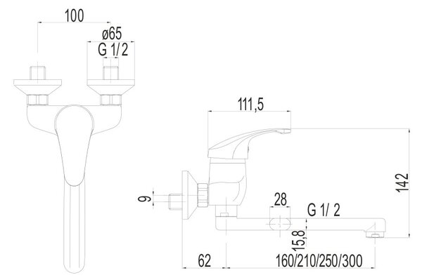 Mereo Mereo, Drezová nástenná batéria, Sonáta, s ramienkom plochým rovným 210 mm, chróm, MER-CB302AN