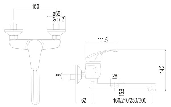 Mereo Mereo, Drezová nástenná batéria, Sonáta, s ramienkom plochým rovným 300 mm, chróm, MER-CB30206N