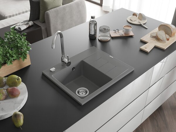 Mexen Ben, 1-komorový granitový drez 600x500x190 mm, ľavý+ chrómový sifón, šedá, 6522605000-71