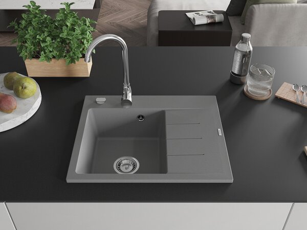 Mexen Ben, 1-komorový granitový drez 600x500x190 mm, ľavý+ chrómový sifón, šedá, 6522605000-71