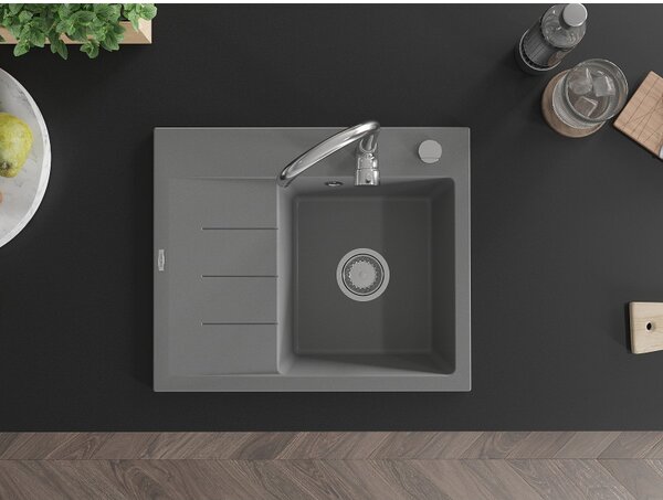 Mexen Ben, 1-komorový granitový drez 600x500x190 mm, pravý + chrómový sifón, šedá, 6523605000-71