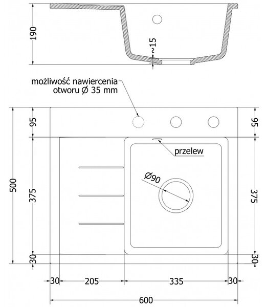 Mexen Ben, 1-komorový granitový drez 600x500x190 mm, pravý + chrómový sifón, šedá, 6523605000-71