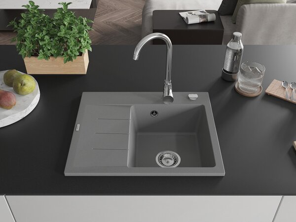 Mexen Ben, 1-komorový granitový drez 600x500x190 mm, pravý + chrómový sifón, šedá, 6523605000-71