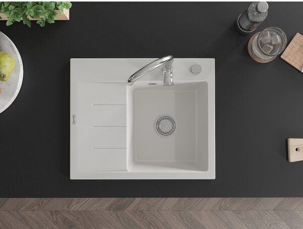 Mexen Ben, 1-komorový granitový drez 600x500x190 mm, pravý + chrómový sifón, biela, 6523605000-20