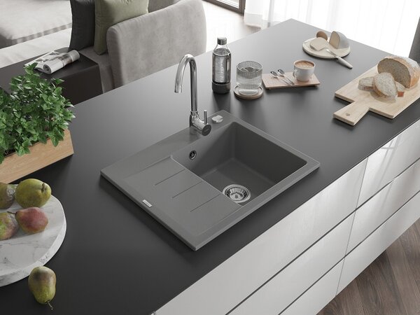 Mexen Ben, 1-komorový granitový drez 600x500x190 mm, pravý + chrómový sifón, šedá, 6523605000-71