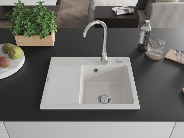 Mexen Ben, 1-komorový granitový drez 600x500x190 mm, pravý + chrómový sifón, biela, 6523605000-20