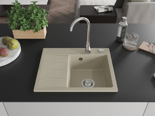 Mexen Ben, 1-komorový granitový drez 600x500x190 mm, pravý + chrómový sifón, béžová, 6523605000-69