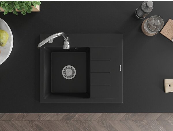 Mexen Ben, 1-komorový granitový drez 600x500x190 mm, ľavý+ chrómový sifón, čierny, 6522605000-77