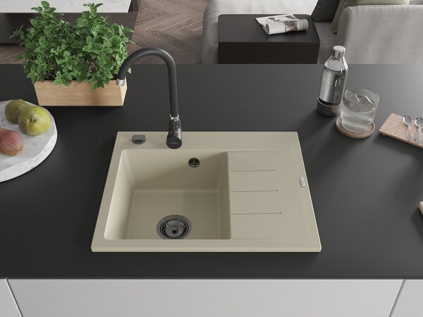Mexen Ben, 1-komorový granitový drez 600x500x190 mm, ľavý + čierny sifón, béžová, 6522605000-69-B