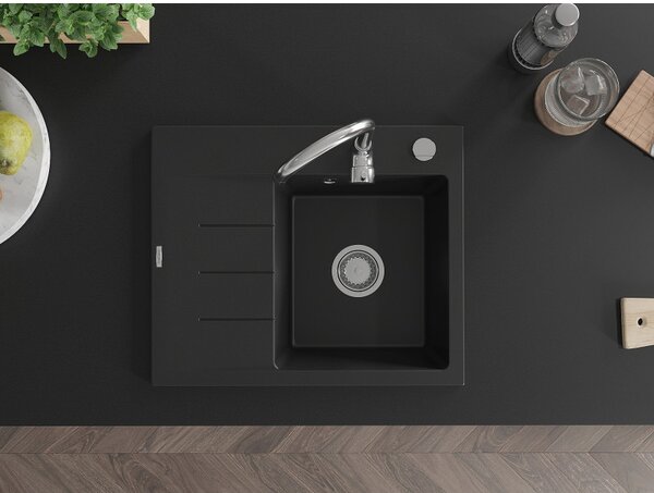 Mexen Ben, 1-komorový granitový drez 600x500x190 mm, pravý + chrómový sifón, čierna, 6523605000-77