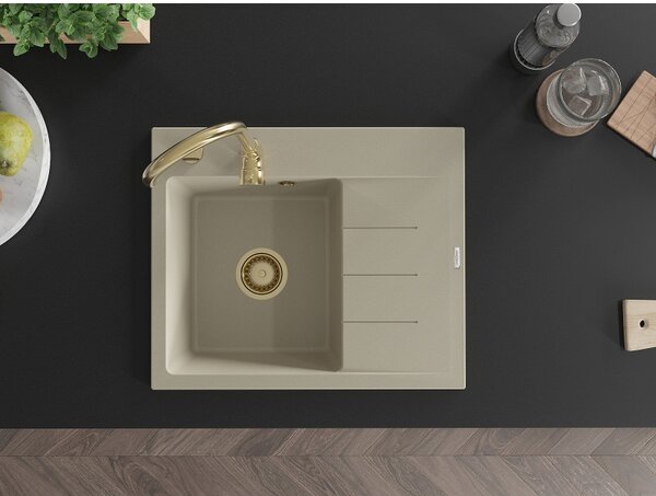 Mexen Ben, 1-komorový granitový drez 600x500x190 mm, ľavý + zlatý sifón, béžová, 6522605000-69-G