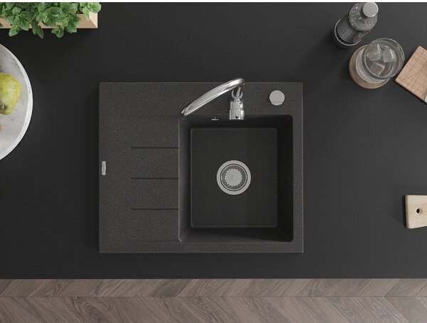 Mexen Ben, 1-komorový granitový drez 600x500x190 mm, pravý + chrómový sifón, čierna škvrnitá, 6523605000-76