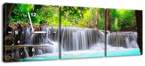 Obraz s hodinami Nádherný vodopád v Thajsku - 3 dielny Rozmery: 90 x 30 cm