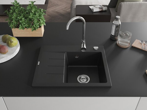 Mexen Ben, 1-komorový granitový drez 600x500x190 mm, pravý + chrómový sifón, čierna, 6523605000-77