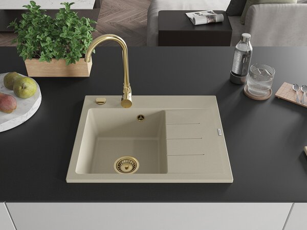 Mexen Ben, 1-komorový granitový drez 600x500x190 mm, ľavý + zlatý sifón, béžová, 6522605000-69-G