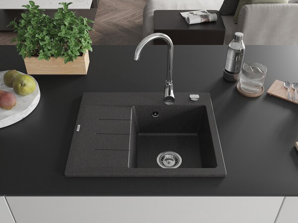 Mexen Ben, 1-komorový granitový drez 600x500x190 mm, pravý + chrómový sifón, čierna škvrnitá, 6523605000-76