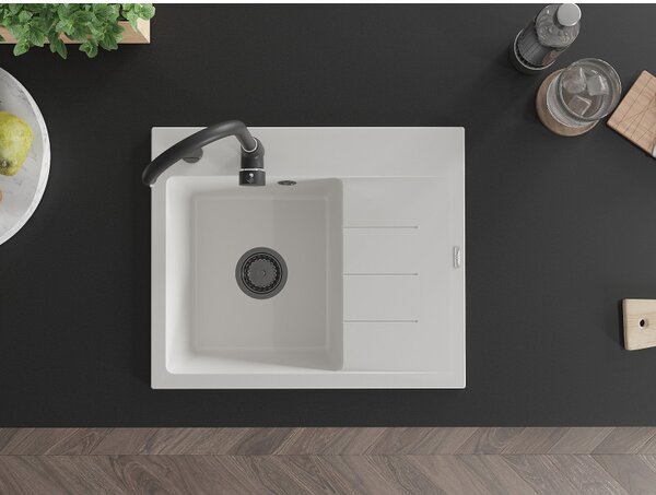 Mexen Ben, 1-komorový granitový drez 600x500x190 mm, ľavý + čierny sifón, biela, 6522605000-20-B