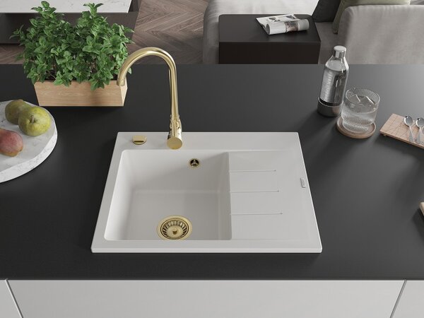 Mexen Ben, 1-komorový granitový drez 600x500x190 mm, ľavý + zlatý sifón, biela, 6522605000-20-G