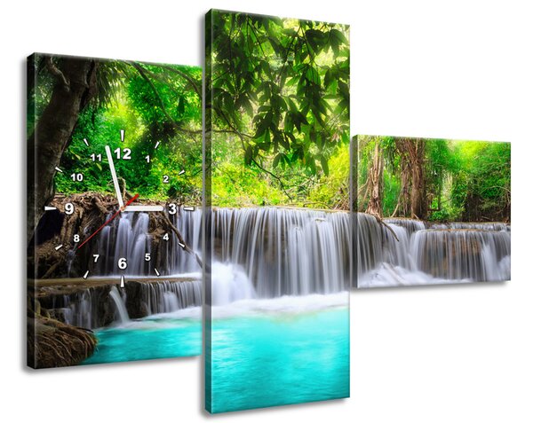 Obraz s hodinami Nádherný vodopád v Thajsku - 3 dielny Rozmery: 100 x 70 cm