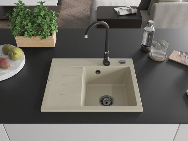 Mexen Ben, 1-komorový granitový drez 600x500x190 mm, pravý + čierny sifón, béžová, 6523605000-69-B