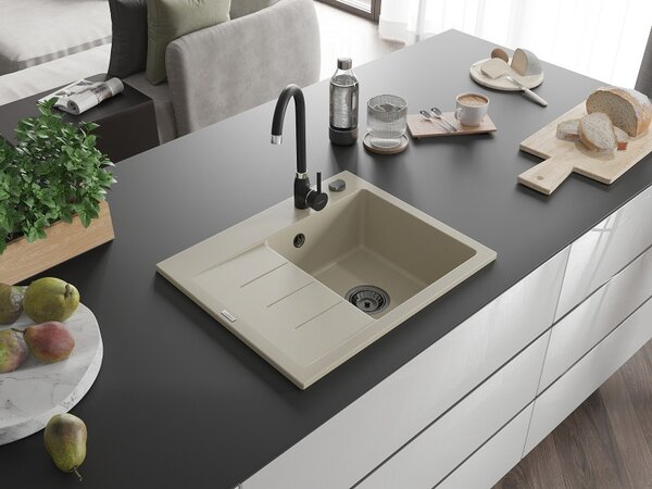 Mexen Ben, 1-komorový granitový drez 600x500x190 mm, pravý + čierny sifón, béžová, 6523605000-69-B