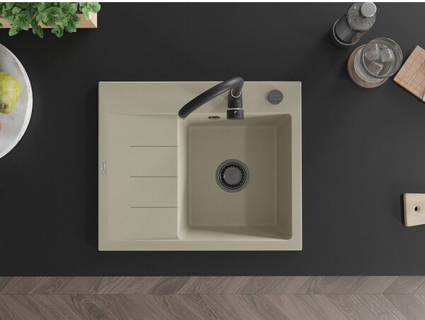 Mexen Ben, 1-komorový granitový drez 600x500x190 mm, pravý + čierny sifón, béžová, 6523605000-69-B