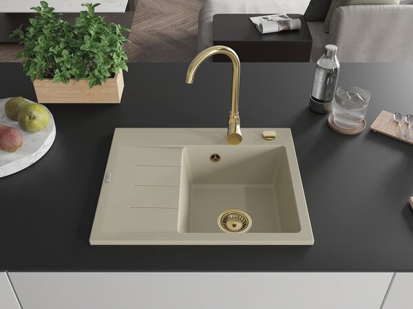 Mexen Ben, 1-komorový granitový drez 600x500x190 mm, pravý + zlatý sifón, béžová, 6523605000-69-G