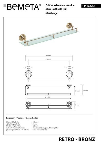 Bemeta Design RETRO bronz: Polička, 600 mm, s hrazdou, sklo - 144102267