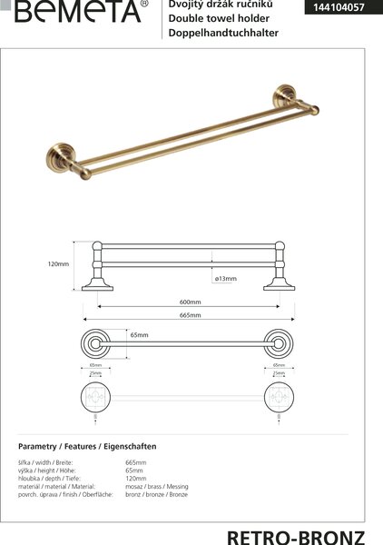 Bemeta Design RETRO bronz: Držiak uterákov, 600 mm, dvojitý - 144104057