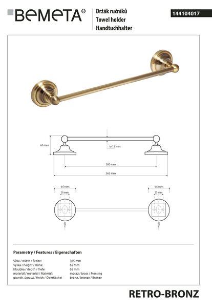 Bemeta Design RETRO bronz: Držiak uterákov, 300 mm - 144104017