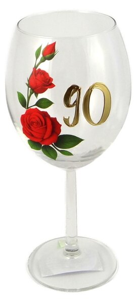 Výročný pohár na víno 550 ml – červené ruže, zlaté číslo 90 (*)