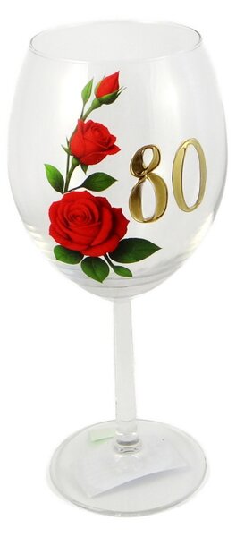 Výročný pohár na víno 550 ml – červené ruže, zlaté číslo 80