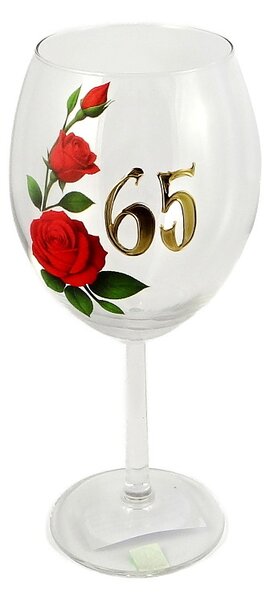 Výročný pohár na víno 550 ml – červené ruže, zlaté číslo 65