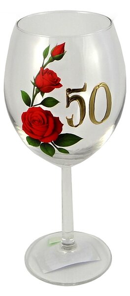 Výročný pohár na víno 550 ml – červené ruže, zlaté číslo 50 (*)